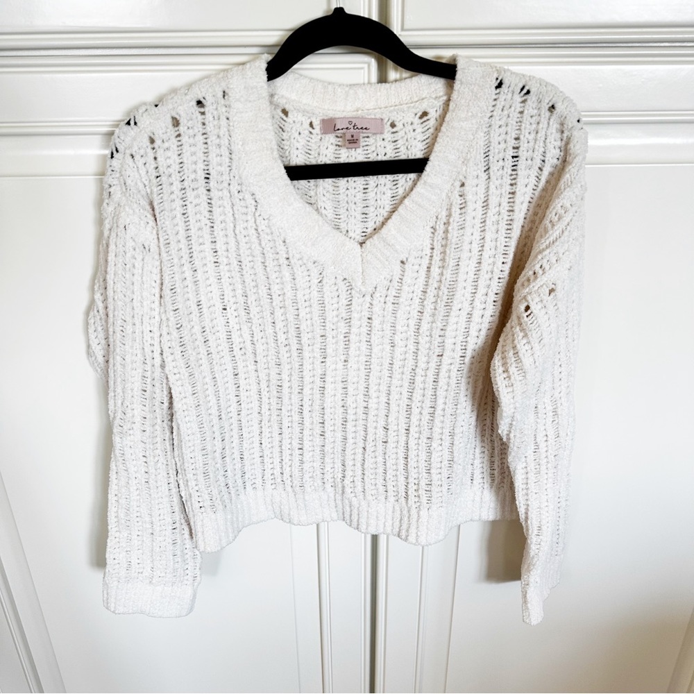 Love Tree Women’s Cream Chenille Chunky Knit V Neck Pullover Sweater Size Medium